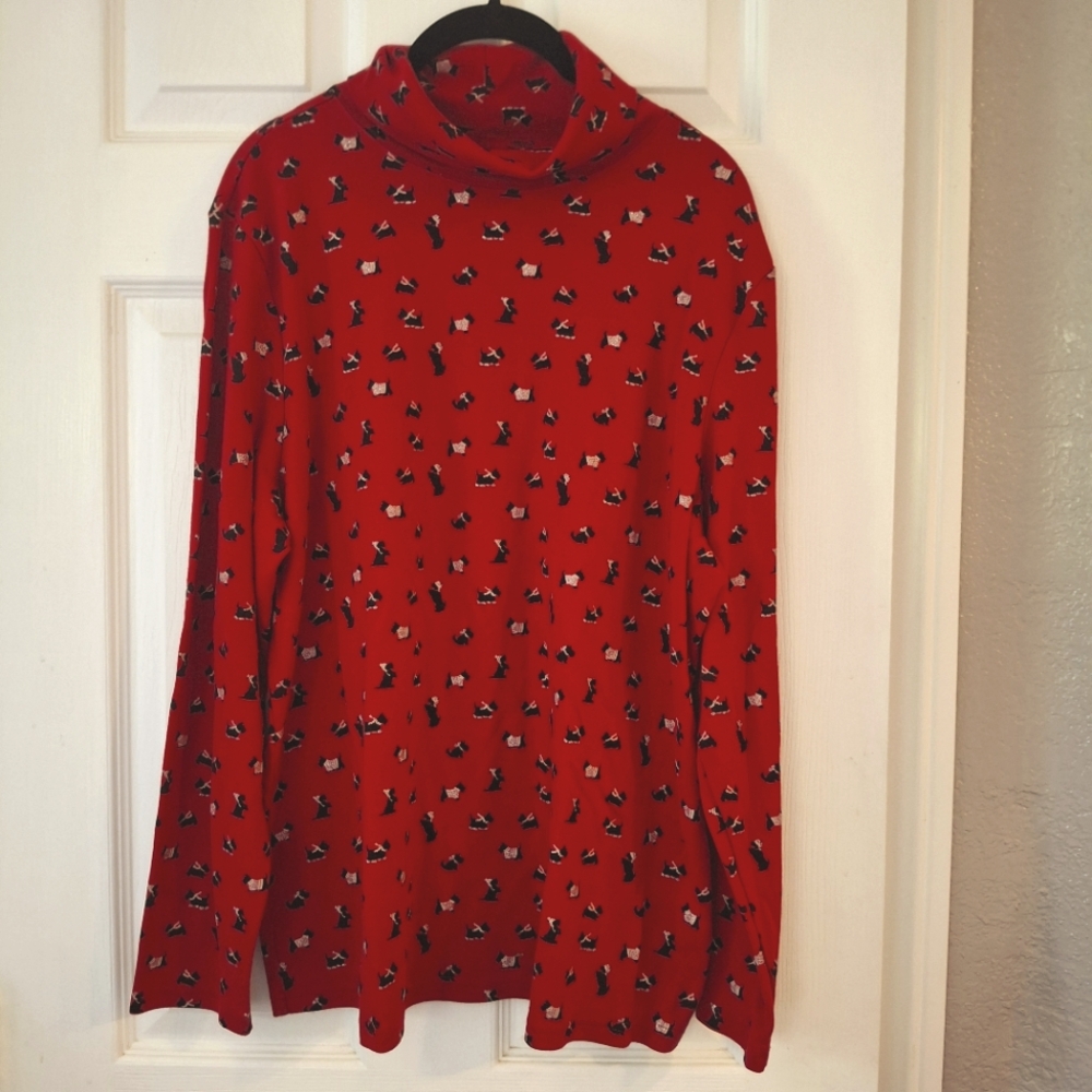 Karen Scott Women Red Turtleneck Shirt Sz XXL 2XL Winter Dress Scotty Dog Print